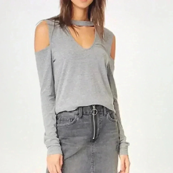 NWT Pam & Gela Long Sleeve Cold Shoulder Top with Choker Halter in Heather Grey - Picture 1 of 6